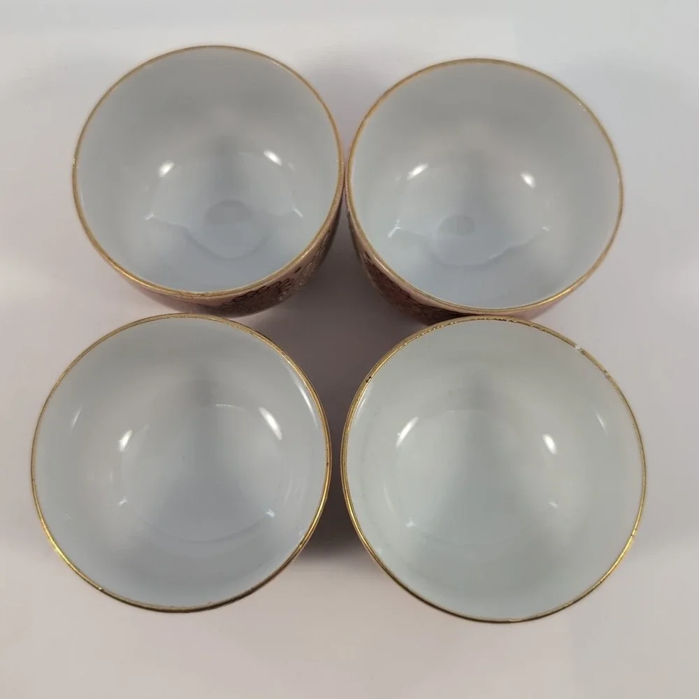 Vintage Japan Floral Fujita Kutani‎ Tea Set Orange-Red Gold Accent Chrysanthemum